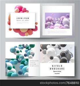 Vector layout of two covers templates for design bifold brochure, flyer, magazine, cover design, book design. Abstract vector futuristic background with colorful 3d spheres, glossy bubbles, balls. Vector layout of two covers templates for square bifold brochure, flyer, magazine, cover design, book design. Abstract vector futuristic background with colorful 3d spheres, glossy bubbles, balls.