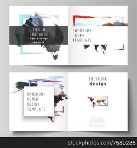 Vector layout of two covers templates for square bifold brochure, flyer, cover design, book design, brochure cover. Design template in the form of world maps and colored frames, insert your photo. Vector layout of two covers templates for square bifold brochure, flyer, cover design, book design, brochure cover. Design template in the form of world maps and colored frames, insert your photo.