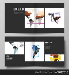 Vector layout of two covers templates for square bifold brochure, flyer, cover design, book design, brochure cover. Design template in the form of world maps and colored frames, insert your photo. Vector layout of two covers templates for square bifold brochure, flyer, cover design, book design, brochure cover. Design template in the form of world maps and colored frames, insert your photo.