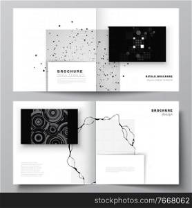 Vector layout of two covers templates for square bifold brochure, flyer, cover design, book design, brochure cover. Abstract technology black color science background. Digital data visualization. Vector layout of two covers templates for square bifold brochure, flyer, cover design, book design, brochure cover. Abstract technology black color science background. Digital data visualization.