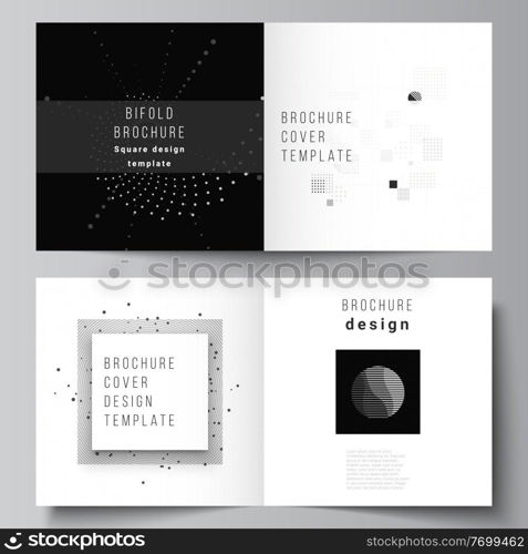 Vector layout of two covers templates for square bifold brochure, flyer, cover design, book design, brochure cover. Abstract technology black color science background. Digital data visualization. Vector layout of two covers templates for square bifold brochure, flyer, cover design, book design, brochure cover. Abstract technology black color science background. Digital data visualization.