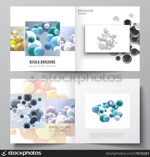 Vector layout of two covers templates for square bifold brochure, flyer, magazine, cover design, book design, brochure cover. Realistic vector background with multicolored 3d spheres, bubbles, balls. Vector layout of two covers templates for square bifold brochure, flyer, magazine, cover design, book design, brochure cover. Realistic vector background with multicolored 3d spheres, bubbles, balls.