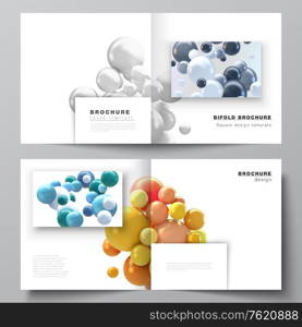 Vector layout of two covers templates for square bifold brochure, flyer, magazine, cover design, book design, brochure cover. Realistic vector background with multicolored 3d spheres, bubbles, balls. Vector layout of two covers templates for square bifold brochure, flyer, magazine, cover design, book design, brochure cover. Realistic vector background with multicolored 3d spheres, bubbles, balls.