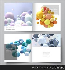 Vector layout of two covers templates for square bifold brochure, flyer, magazine, cover design, book design, brochure cover. Realistic vector background with multicolored 3d spheres, bubbles, balls. Vector layout of two covers templates for square bifold brochure, flyer, magazine, cover design, book design, brochure cover. Realistic vector background with multicolored 3d spheres, bubbles, balls.