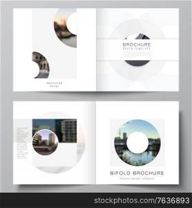Vector layout of two covers templates for square bifold brochure, flyer, magazine, cover design, book design, brochure cover. Background template with rounds, circles for IT, technology. Minimal style. Vector layout of two covers templates for square bifold brochure, flyer, magazine, cover design, book design, brochure cover. Background template with rounds, circles for IT, technology. Minimal style.
