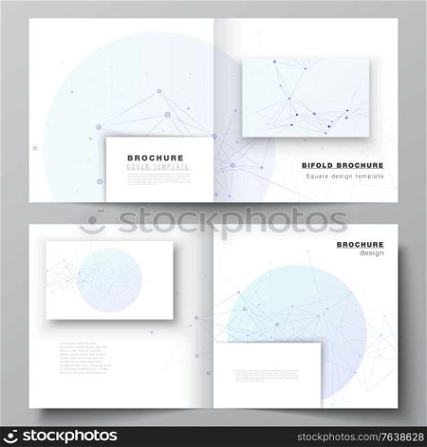Vector layout of two covers templates for square bifold brochure, flyer, magazine, cover design, book design, brochure cover. Blue medical background with connecting lines and dots, plexus. Vector layout of two covers templates for square bifold brochure, flyer, magazine, cover design, book design, brochure cover. Blue medical background with connecting lines and dots, plexus.
