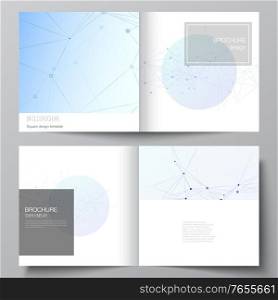 Vector layout of two covers templates for square bifold brochure, flyer, magazine, cover design, book design, brochure cover. Blue medical background with connecting lines and dots, plexus. Vector layout of two covers templates for square bifold brochure, flyer, magazine, cover design, book design, brochure cover. Blue medical background with connecting lines and dots, plexus.