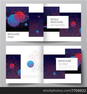 Vector layout of two covers templates for square bifold brochure, flyer, magazine, cover design, book design. Artificial intelligence, big data visualization. Quantum computer technology concept. Vector layout of two covers templates for square bifold brochure, flyer, magazine, cover design, book design. Artificial intelligence, big data visualization. Quantum computer technology concept.