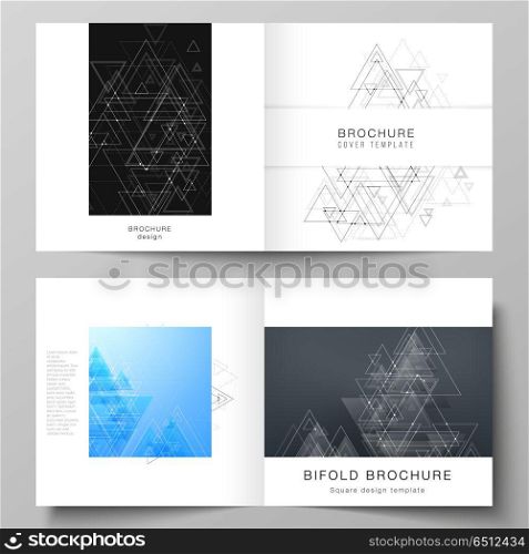 Vector layout of two covers templates for square design bifold brochure, flyer. Technology, science, medical concept. Molecule structure, connecting lines and dots. Futuristic background. Vector layout of two covers templates for square design bifold brochure, flyer. Technology, science, medical concept. Molecule structure, connecting lines and dots. Futuristic background.