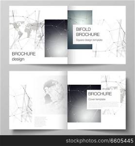 Vector layout of two covers templates for square design bifold brochure, flyer. Futuristic geometric design with world globe, connecting lines and dots. Global network connections, technology concept. Vector layout of two covers templates for square design bifold brochure, flyer. Futuristic geometric design with world globe, connecting lines and dots. Global network connections, technology concept.