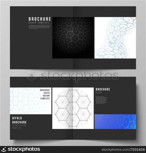 Vector layout of two covers templates for square design bifold brochure, flyer. Digital technology and big data concept with hexagons, connecting dots and lines, polygonal science medical background. Vector layout of two covers templates for square design bifold brochure, flyer. Digital technology and big data concept with hexagons, connecting dots and lines, polygonal science medical background.