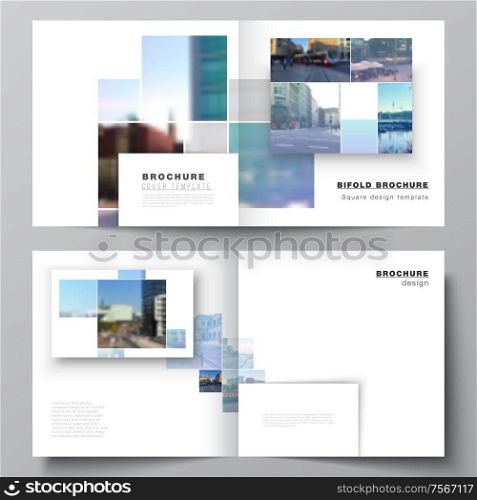 Vector layout of two covers templates for square design bifold brochure, flyer, magazine, cover design, book design, brochure cover. Abstract design project in geometric style with blue squares. Vector layout of two covers templates for square bifold brochure, flyer, magazine, cover design, book design, brochure cover. Abstract design project in geometric style with blue squares.