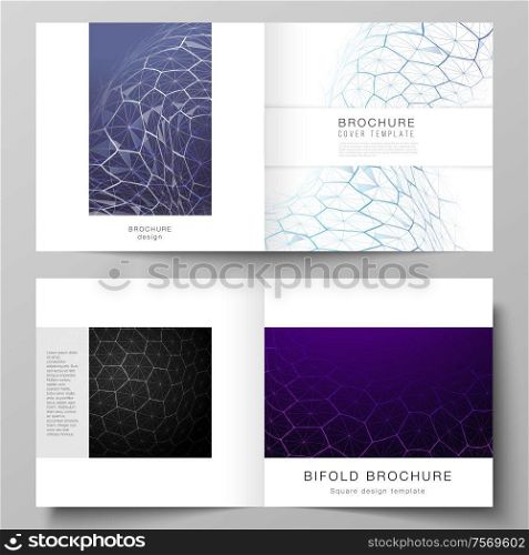 Vector layout of two covers templates for square design bifold brochure, flyer. Digital technology and big data concept with hexagons, connecting dots and lines, polygonal science medical background. Vector layout of two covers templates for square design bifold brochure, flyer. Digital technology and big data concept with hexagons, connecting dots and lines, polygonal science medical background.