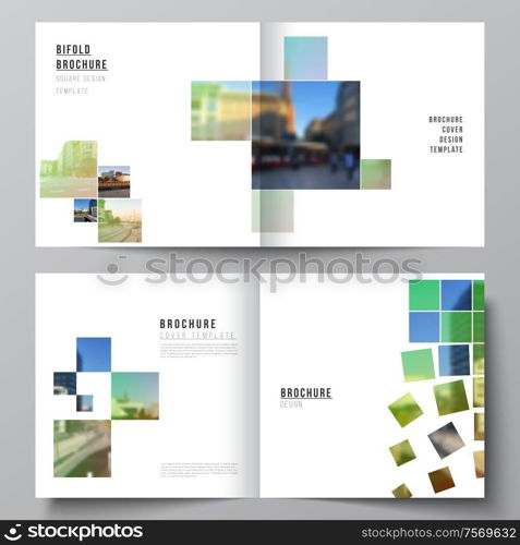 Vector layout of two covers templates for square design bifold brochure, flyer, magazine, cover design, book design, brochure cover. Abstract project with clipping mask green squares for your photo. Vector layout of two covers templates for square design bifold brochure, flyer, magazine, cover design, book design, brochure cover. Abstract project with clipping mask green squares for your photo.