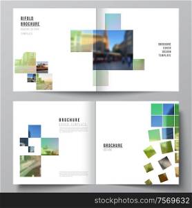 Vector layout of two covers templates for square design bifold brochure, flyer, magazine, cover design, book design, brochure cover. Abstract project with clipping mask green squares for your photo. Vector layout of two covers templates for square design bifold brochure, flyer, magazine, cover design, book design, brochure cover. Abstract project with clipping mask green squares for your photo.