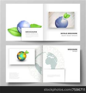 Vector layout of two covers templates for square design bifold brochure, flyer, cover design, book design, brochure cover. Save Earth planet concept. Sustainable development global business concept.. Vector layout of two covers templates for square design bifold brochure, flyer, cover design, book design, brochure cover. Save Earth planet concept. Sustainable development global business concept