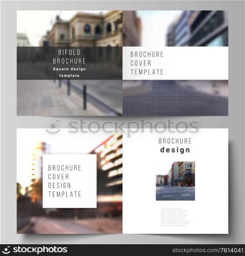 Vector layout of two covers templates for square design bifold brochure, flyer, cover design, book design, brochure cover. Abstract halftone effect decoration with dots. Dotted pattern decoration. Vector layout of two covers templates for square design bifold brochure, flyer, cover design, book design, brochure cover. Abstract halftone effect decoration with dots. Dotted pattern decoration.