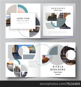 Vector layout of two covers templates for square design bifold brochure, flyer, cover design, book, brochure cover. Background with abstract circle round banners. Corporate business concept template. Vector layout of two covers templates for square design bifold brochure, flyer, cover design, book, brochure cover. Background with abstract circle round banners. Corporate business concept template.