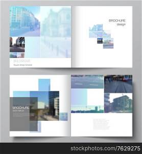 Vector layout of two covers templates for square design bifold brochure, flyer, magazine, cover design, book design, brochure cover. Abstract design project in geometric style with blue squares. Vector layout of two covers templates for square bifold brochure, flyer, magazine, cover design, book design, brochure cover. Abstract design project in geometric style with blue squares.