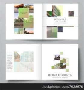 Vector layout of two covers templates for square design bifold brochure, flyer, magazine, cover design, book design, brochure cover. Abstract project with clipping mask green squares for your photo. Vector layout of two covers templates for square design bifold brochure, flyer, magazine, cover design, book design, brochure cover. Abstract project with clipping mask green squares for your photo.