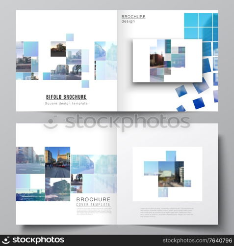 Vector layout of two covers templates for square design bifold brochure, flyer, magazine, cover design, book design, brochure cover. Abstract design project in geometric style with blue squares. Vector layout of two covers templates for square bifold brochure, flyer, magazine, cover design, book design, brochure cover. Abstract design project in geometric style with blue squares.