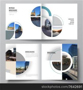 Vector layout of two covers templates for square design bifold brochure, flyer, cover design, book, brochure cover. Background with abstract circle round banners. Corporate business concept template. Vector layout of two covers templates for square design bifold brochure, flyer, cover design, book, brochure cover. Background with abstract circle round banners. Corporate business concept template.