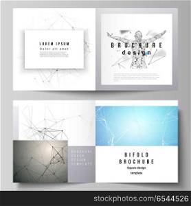 Vector layout of two covers templates for square design bifold brochure, flyer, booklet. Technology, science, medical concept. Molecule structure, connecting lines and dots. Futuristic background. Vector layout of two covers templates for square design bifold brochure, flyer, booklet. Technology, science, medical concept. Molecule structure, connecting lines and dots. Futuristic background.