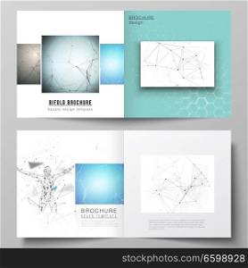 Vector layout of two covers templates for square design bifold brochure, flyer, booklet. Technology, science, medical concept. Molecule structure, connecting lines and dots. Futuristic background.. Vector layout of two covers templates for square design bifold brochure, flyer, booklet. Technology, science, medical concept. Molecule structure, connecting lines and dots. Futuristic background