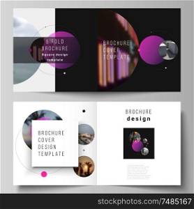 Vector layout of two covers templates for square design bifold brochure, magazine, flyer. Simple design futuristic concept.Creative background with circles and round shapes that form planets and stars.. Vector layout of two covers templates for square design bifold brochure, magazine, flyer. Simple design futuristic concept.Creative background with circles and round shapes that form planets and stars