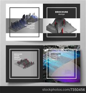 Vector layout of two covers templates for square design bifold brochure, magazine, flyer, booklet. Big data. Dynamic geometric background. Cubes pattern design with motion effect. 3d technology style. Vector layout of two covers templates for square design bifold brochure, magazine, flyer, booklet. Big data. Dynamic geometric background. Cubes pattern design with motion effect. 3d technology style.