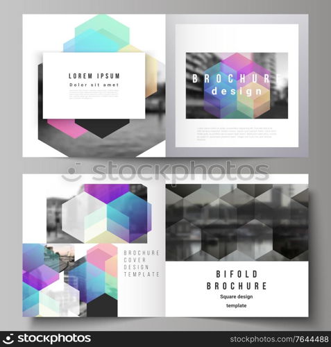 Vector layout of two covers templates with abstract shapes and colors for square design bifold brochure, flyer, magazine, cover design, book design, brochure cover. Vector layout of two covers templates with abstract shapes and colors for square design bifold brochure, flyer, magazine, cover design, book design, brochure cover.