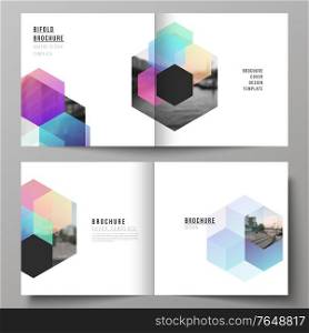 Vector layout of two covers templates with abstract shapes and colors for square design bifold brochure, flyer, magazine, cover design, book design, brochure cover. Vector layout of two covers templates with abstract shapes and colors for square design bifold brochure, flyer, magazine, cover design, book design, brochure cover.