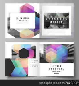 Vector layout of two covers templates with colorful hexagons, geometric shapes, tech background for square design bifold brochure, flyer, magazine, cover design, book design, brochure cover. Vector layout of two covers templates with colorful hexagons, geometric shapes, tech background for square design bifold brochure, flyer, magazine, cover design, book design, brochure cover.