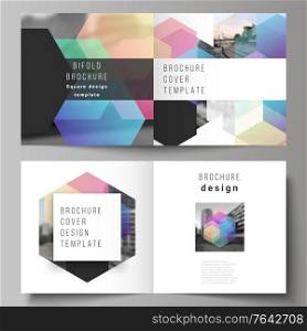 Vector layout of two covers templates with colorful hexagons, geometric shapes, tech background for square design bifold brochure, flyer, magazine, cover design, book design, brochure cover. Vector layout of two covers templates with colorful hexagons, geometric shapes, tech background for square design bifold brochure, flyer, magazine, cover design, book design, brochure cover.