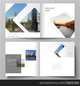 Vector layout of two covers templates with geometric simple shapes, lines and photo place for square design bifold brochure, flyer, magazine, cover design, book, brochure cover. Vector layout of two covers templates with geometric simple shapes, lines and photo place for square design bifold brochure, flyer, magazine, cover design, book, brochure cover.