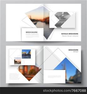 Vector layout of two covers templates with geometric simple shapes, lines and photo place for square design bifold brochure, flyer, magazine, cover design, book, brochure cover. Vector layout of two covers templates with geometric simple shapes, lines and photo place for square design bifold brochure, flyer, magazine, cover design, book, brochure cover.