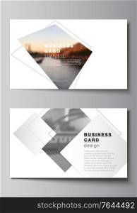 Vector layout of two creative business cards design templates, horizontal template vector design with geometric simple shapes, lines and photo place. Vector layout of two creative business cards design templates, horizontal template vector design with geometric simple shapes, lines and photo place.