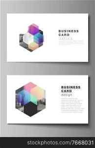 Vector layout of two creative business cards design templates, horizontal template vector design with abstract shapes and colors. Vector layout of two creative business cards design templates, horizontal template vector design with abstract shapes and colors.