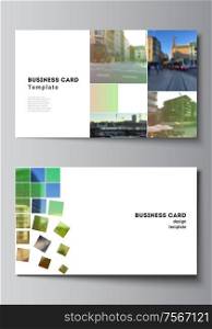 Vector layout of two creative business cards design templates, horizontal template vector design. Abstract project with clipping mask green squares for your photo. Vector layout of two creative business cards design templates, horizontal template vector design. Abstract project with clipping mask green squares for your photo.