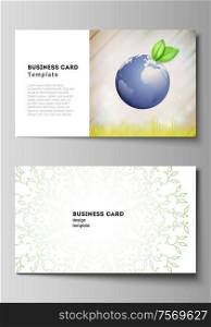 Vector layout of two creative business cards design templates, horizontal template vector design. Save Earth planet concept. Sustainable development global business concept. Vector layout of two creative business cards design templates, horizontal template vector design. Save Earth planet concept. Sustainable development global business concept.