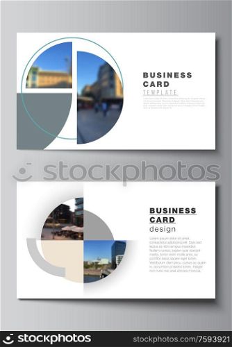 Vector layout of two creative business cards design templates, horizontal template vector design. Background with abstract circle round banners. Corporate business concept template. Vector layout of two creative business cards design templates, horizontal template vector design. Background with abstract circle round banners. Corporate business concept template.