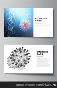 Vector layout of two creative business cards design templates, horizontal template vector design. 3d medical background of corona virus. Covid 19, coronavirus infection. Virus concept. Vector layout of two creative business cards design templates, horizontal template vector design. 3d medical background of corona virus. Covid 19, coronavirus infection. Virus concept.