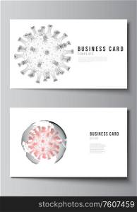 Vector layout of two creative business cards design templates, horizontal template vector design. 3d medical background of corona virus. Covid 19, coronavirus infection. Virus concept. Vector layout of two creative business cards design templates, horizontal template vector design. 3d medical background of corona virus. Covid 19, coronavirus infection. Virus concept.