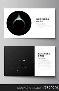 Vector layout of two creative business cards design templates, horizontal template vector design. Tech science future background, space design astronomy concept. Vector layout of two creative business cards design templates, horizontal template vector design. Tech science future background, space design astronomy concept.