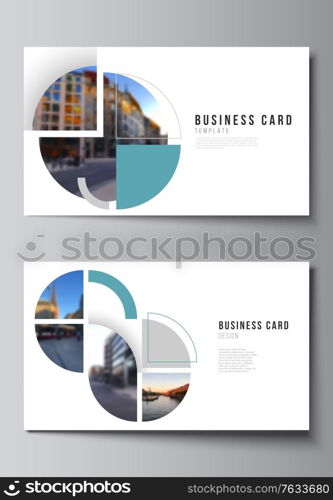 Vector layout of two creative business cards design templates, horizontal template vector design. Background with abstract circle round banners. Corporate business concept template. Vector layout of two creative business cards design templates, horizontal template vector design. Background with abstract circle round banners. Corporate business concept template.