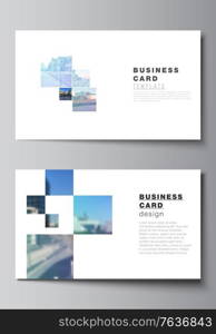 Vector layout of two creative business cards design templates, horizontal template vector design. Abstract design project in geometric style with blue squares. Vector layout of two creative business cards design templates, horizontal template vector design. Abstract design project in geometric style with blue squares.