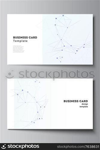 Vector layout of two creative business cards design templates, horizontal template vector design. Blue medical background with connecting lines and dots, plexus. Vector layout of two creative business cards design templates, horizontal template vector design. Blue medical background with connecting lines and dots, plexus.