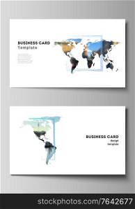 Vector layout of two creative business cards design templates, horizontal template vector design. Design template in the form of world maps and colored frames, insert your photo. Vector layout of two creative business cards design templates, horizontal template vector design. Design template in the form of world maps and colored frames, insert your photo.