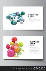 Vector layout of two creative business cards design templates, horizontal template vector design. Abstract futuristic background with colorful 3d spheres, glossy bubbles, balls. Vector layout of two creative business cards design templates, horizontal template vector design. Abstract futuristic background with colorful 3d spheres, glossy bubbles, balls.