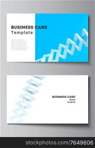 Vector layout of two creative business cards design templates, horizontal template vector design. 3d render vector composition with dynamic realistic geometric blue shapes in motion. Vector layout of two creative business cards design templates, horizontal template vector design. 3d render vector composition with dynamic realistic geometric blue shapes in motion.